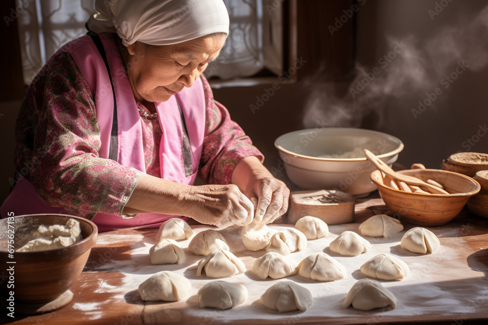 The close up detail of an Asian aged female chef in an apron is making yummy dumplings in a kitchen of a local famous restaurant. Generative AI. - obrazy, fototapety, plakaty 