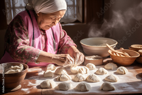 The close up detail of an Asian aged female chef in an apron is making yummy dumplings in a kitchen of a local famous restaurant. Generative AI. photo