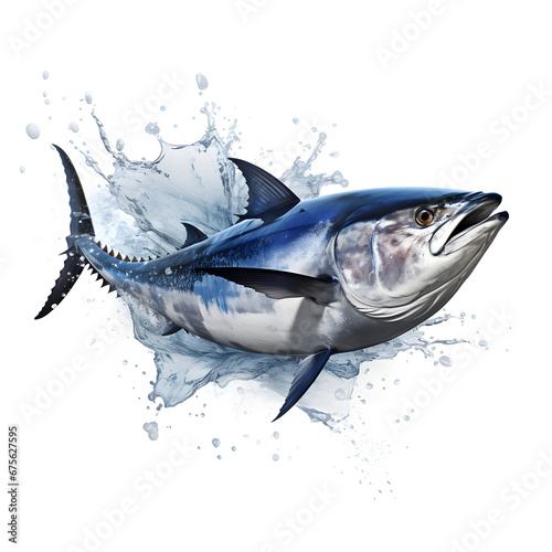 Bluefin tuna with water splash isolated on a white background. Generative ai. 
