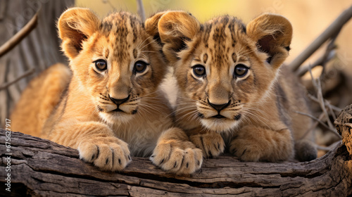 two cute lion cubs are sitting close together in the African high grassland created with Generative AI Technology © AstraNova