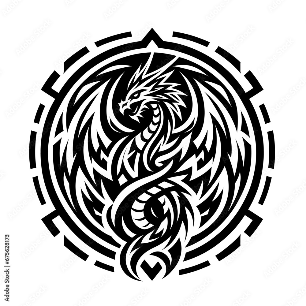 dragon emblem tribal tattoo logo design concept silhouette vector mascot