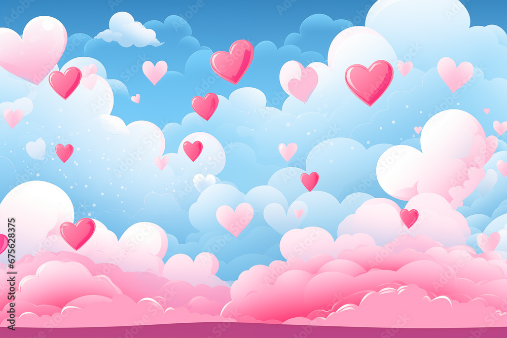 Ceu azul claro com nuvens e corações vermelhos e rosas - Ilustração fofa 