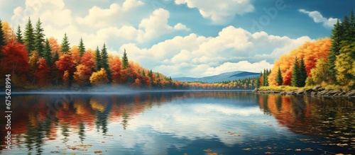 Traveling through the stunning landscape I was captivated by the serene beauty of the autumn forest where vibrant leaves adorned the trees reflecting their colors in the crystal clear lake  photo
