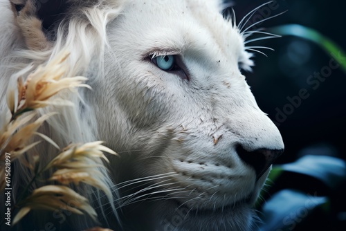 Leão branco na floresta com iluminação azul e detalhes do rosto - Papel de parede