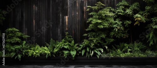 In the background of a summer garden the old wooden wall embraced the lush green nature blending seamlessly with the black metal architecture while providing a sense of security in the park