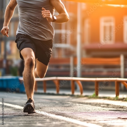 Runner athlete running on city street. man fitness jogging workout wellness concept.