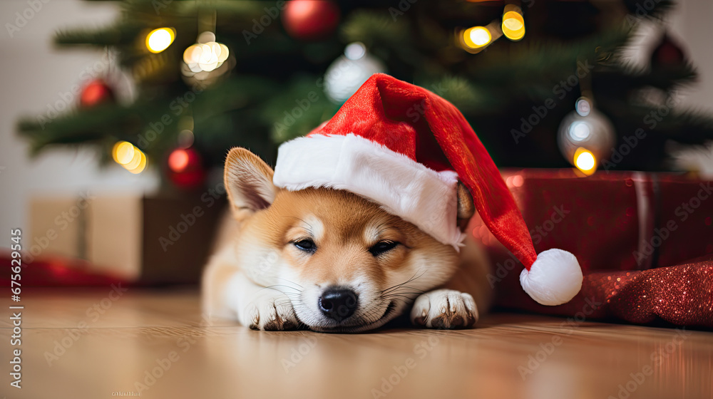 A small Shiba Inu puppy wearing a Santa Claus hat lying on the floor in a bright modern room near a Christmas tree with beautiful bokeh lights created with Generative AI Technology