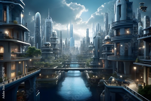 3D illustration of a futuristic city at night. Cityscape.