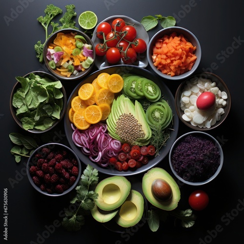 an overhead shot of a mix platter of fruits and vegetables garnished with decorations
