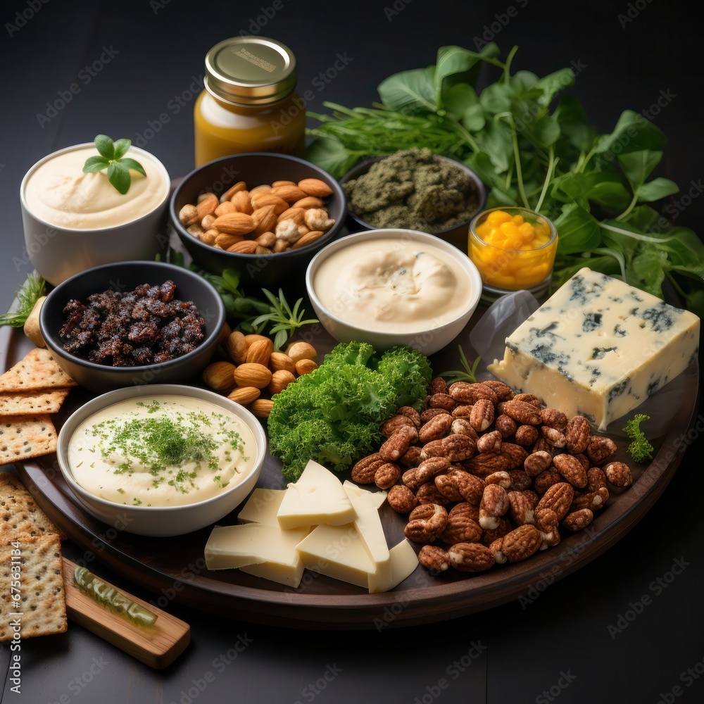 a platter of mixed herbs, nuts, cheese and greens