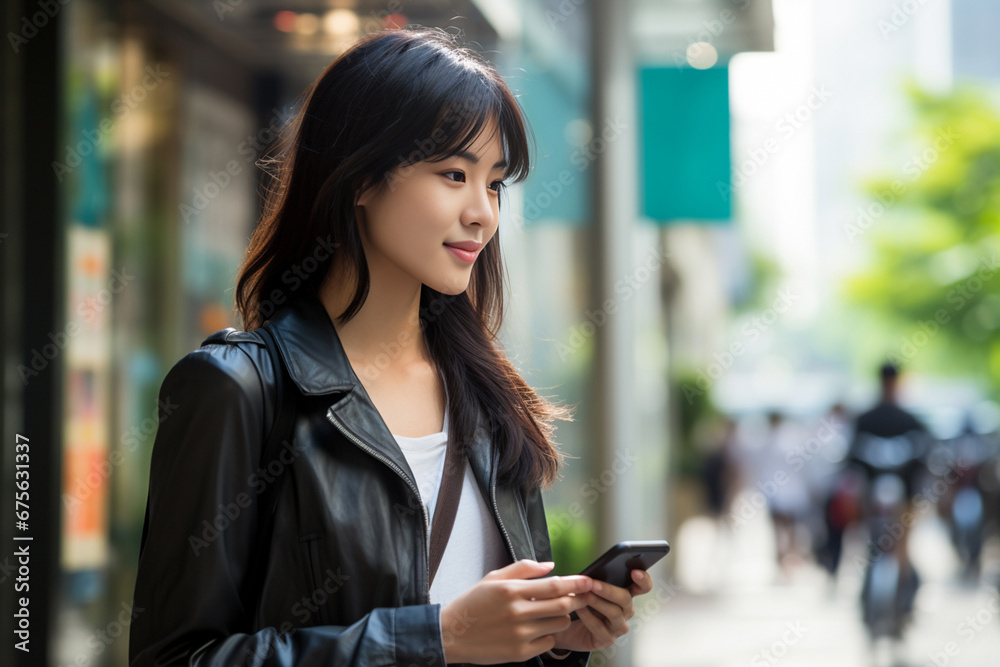 An attractive and beautiful Asian woman is using a mobile phone to text message and call someone while walking through a busy and crowded city. Generative AI.