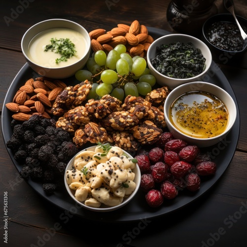 a platter of mixed fruits, berries and nuts