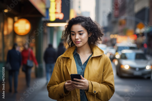 An attractive and beautiful Asian woman is using a mobile phone to text message and call someone while walking through a busy and crowded city. Generative AI. © Surachetsh