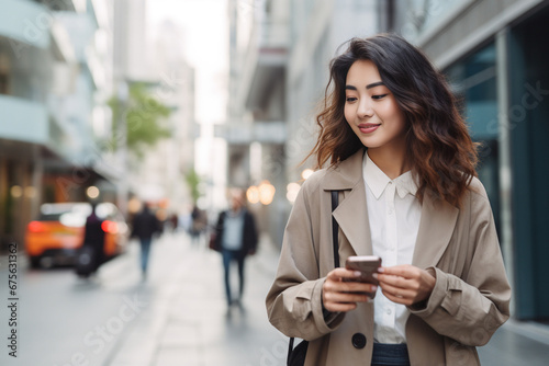 An attractive and beautiful Asian woman is using a mobile phone to text message and call someone while walking through a busy and crowded city. Generative AI. © Surachetsh