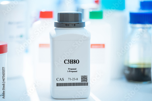 C3H8O propanol 1-propanol CAS 71-23-8 chemical substance in white plastic laboratory packaging photo