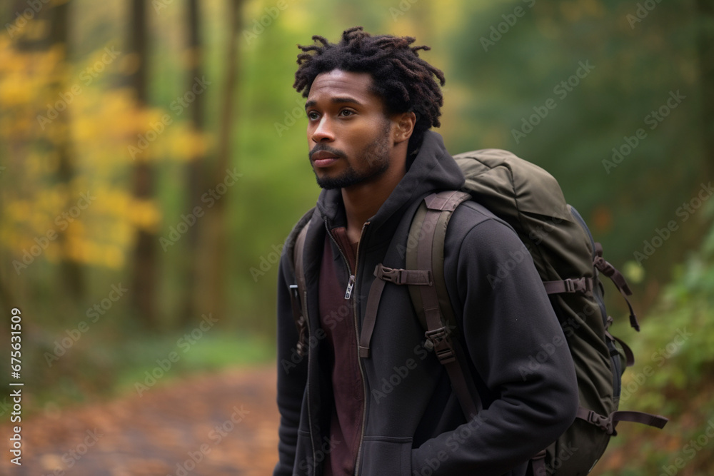 The portrait of a strong and young male trekker with a big backpack and a green jacket is walking through a forest. Generative AI. The portrait of a strong and young male trekker with a big backpack and a green jacket is walking through a forest. Generative AI.