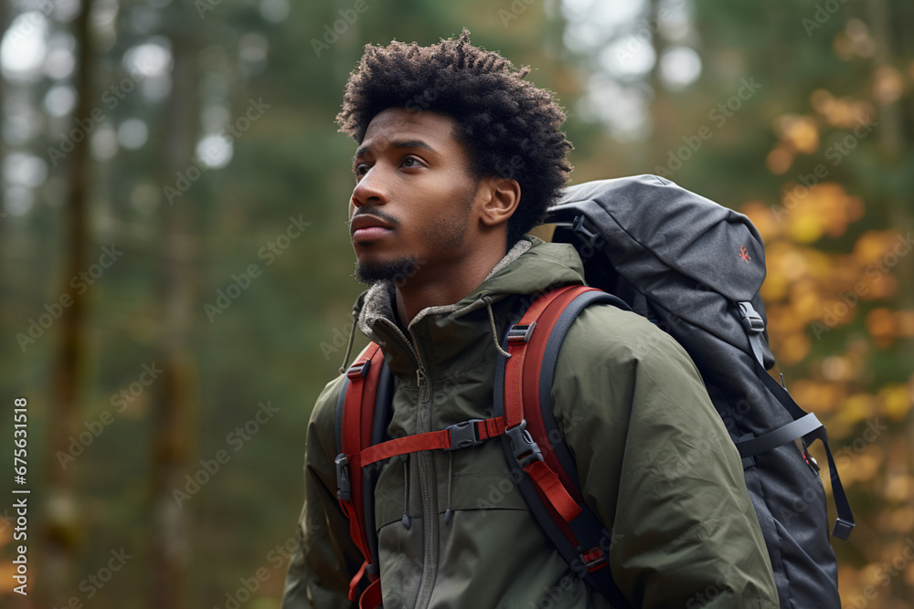 The portrait of a strong and young male trekker with a big backpack and a green jacket is walking through a forest. Generative AI.