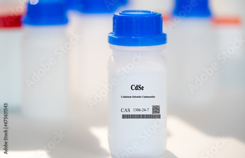 CdSe cadmium selenide cadmoselite CAS 1306-24-7 chemical substance in white plastic laboratory packaging photo