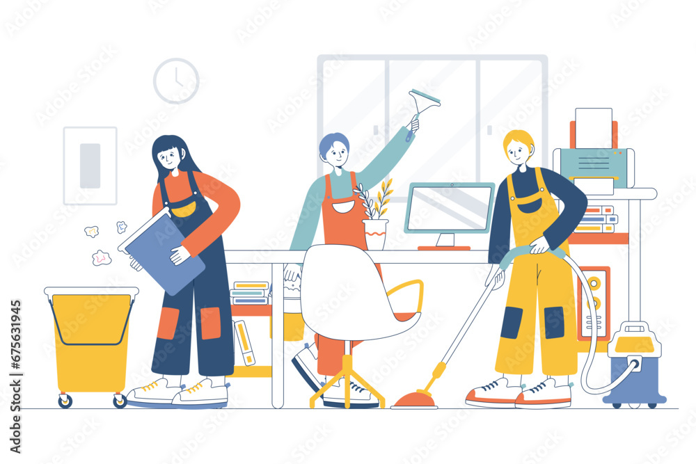 Three janitors cleaning the workspace Three janitors cleaning the workspace