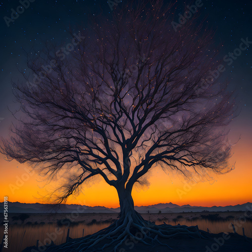 Capturing timelessness, a solitary tree in a dreamscape, bathed in golden hues, emanates an ethereal energy, inviting contemplation and wonder.