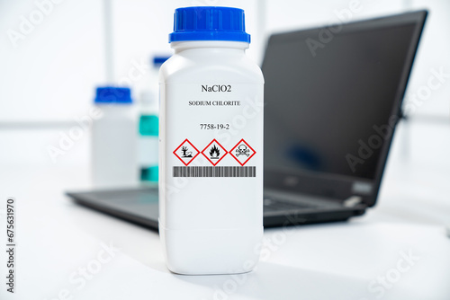 NaClO2 sodium chlorite CAS 7758-19-2 chemical substance in white plastic laboratory packaging photo