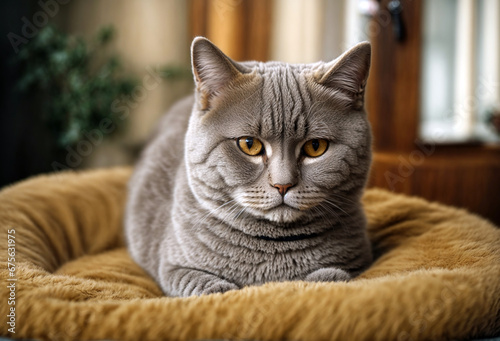 Design a charming illustration of a British Shorthair cat with its round face and dense, plush coat