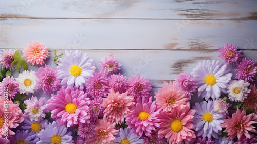 Spring floral background Fresh blooming Pink Aster flowers on soft gray wooden table with empty space for text created with Generative AI Technology