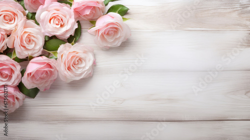 Spring floral background Fresh blooming pink rose flowers on soft gray wooden table with empty space for text created with Generative AI Technology © AstraNova