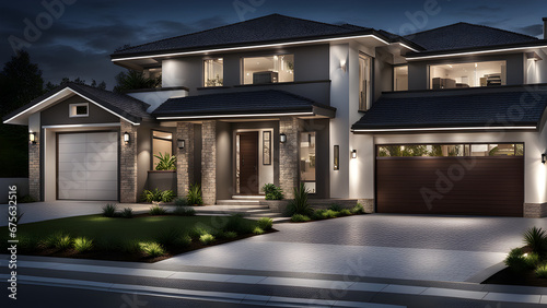 a house exterior with a garage photo captured in night and lights are on   © IBRAHEEM'S AI
