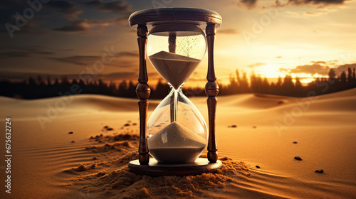 wooden hourglass timer standing on the sand with sunset and golden light created with Generative AI Technology