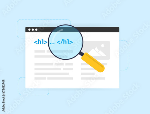 H1 SEO Title Tags concept. Optimize website headings for better search engine visibility. Technical on-page SEO optimization vector illustration isolated on blue background with icons