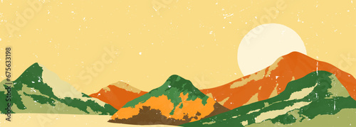 Abstract Mountain landscape illustration. creative minimalist hand painted illustrations of Mid century modern art print. mountains, hills and sun