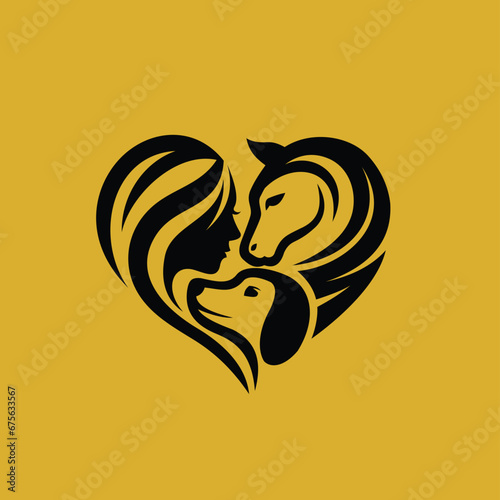 horse lover logo with dog and women concept