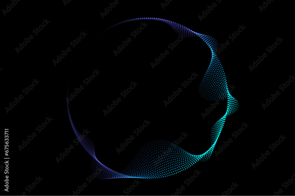 Abstract circle round frame flowing dot particles pattern colorful gradient light blue and green color isolated on black background. Vector in concept modern, technology, science, music.
