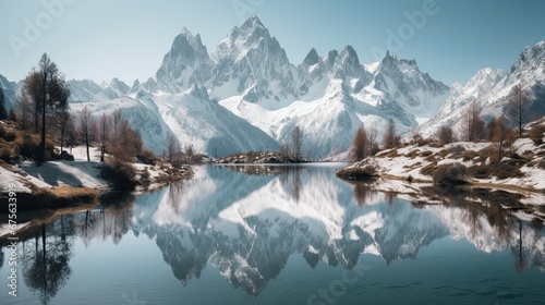 snow covered mountains and lake reflection