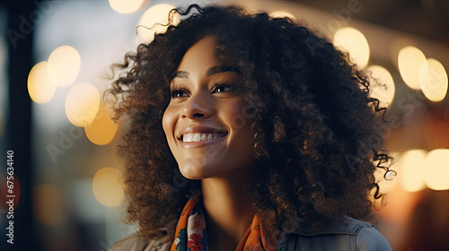 happiness of young African American female model smiling laughing and talking with beautiful bokeh backlight created with Generative AI Technology photo