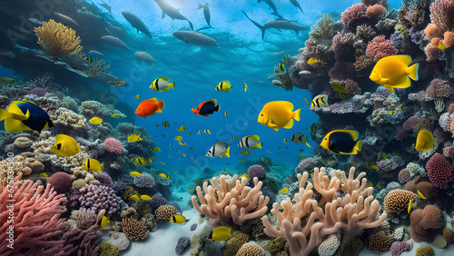 An underwater coral reef teeming with colorful fish and vibrant marine life.