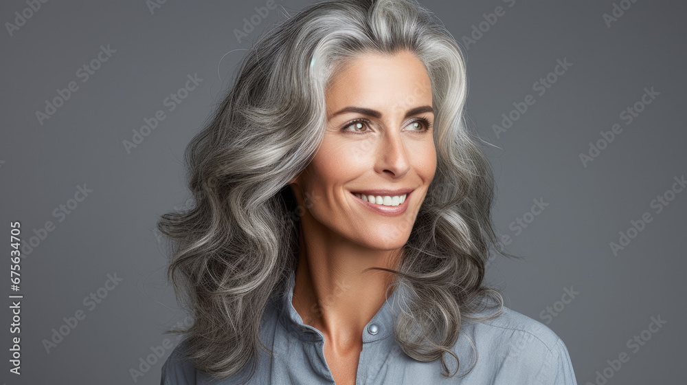 Graceful smiling middle aged caucasian business woman model with gray hair and wearing modern blue gray woolen clothes on dark background created with Generative AI Technology