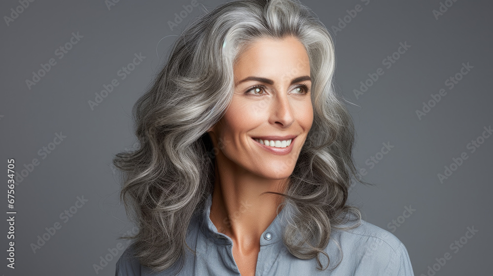 Graceful smiling middle aged caucasian business woman model with gray hair and wearing modern blue gray woolen clothes on dark background Graceful smiling middle aged caucasian business woman model with gray hair and wearing modern blue gray woolen clothes on dark background