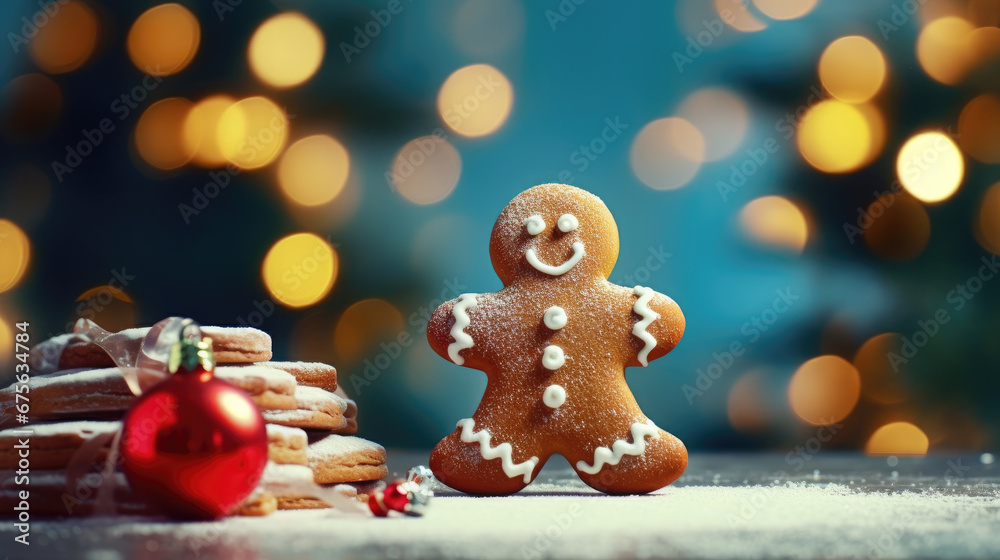 Powdered sugar gingerbread man and christmas cookies on table with christmas tree with beautiful bokeh lights in background created with Generative AI Technology