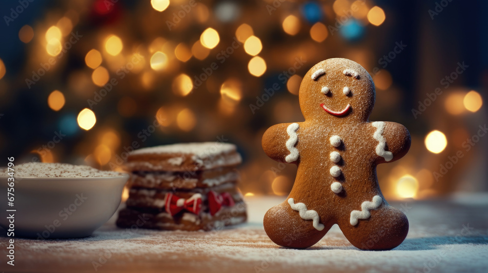 Powdered sugar gingerbread man and christmas cookies on table with christmas tree with beautiful bokeh lights in background created with Generative AI Technology