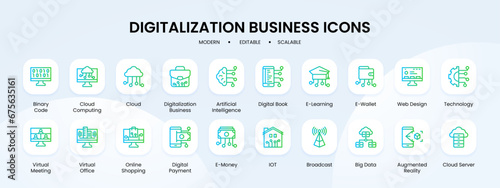 Digitalization business icon collection with blue and green gradient outline style. digital, set, business, web, collection, technology, symbol, internet. Vector Illustration