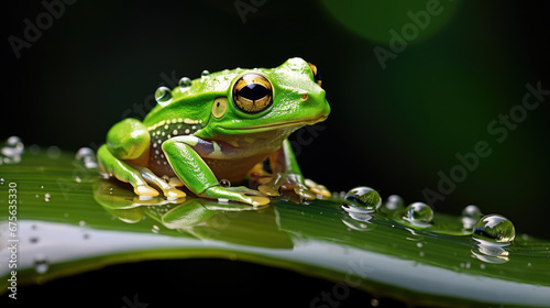 small green tree frog toad on a green leaf with raindrops around it created with Generative AI Technology
