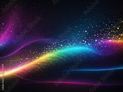 Futuristic digital rainbow flowing particles wave and sparkling light abstract background. A Generative AI Digital Illustration.