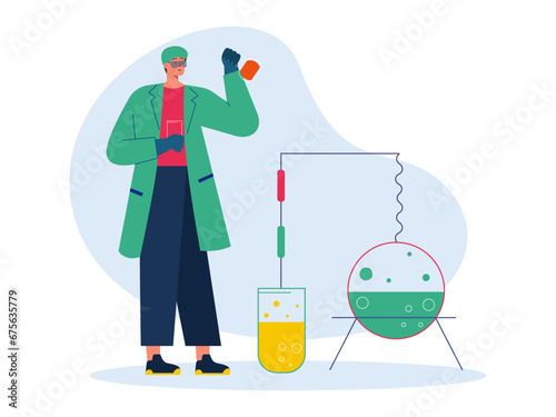 Woman scientist with flasks and research report illustration. Laboratory illustration.