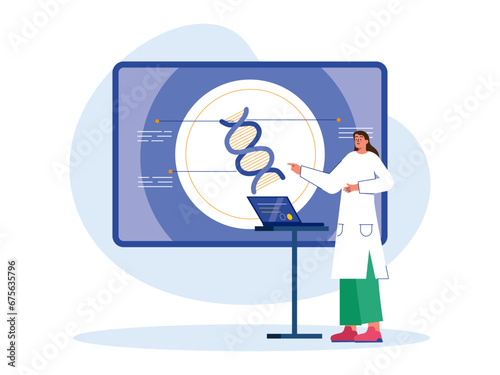 Female researcher working on lab report illustration. Laboratory illustration.