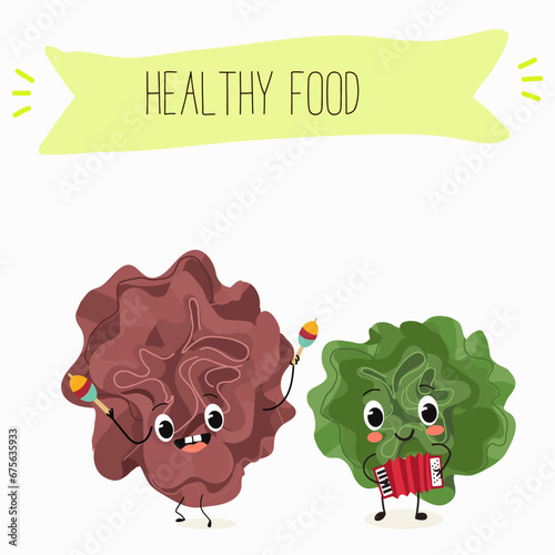 Character cartoon Salad of green and red trocadero lettuce, lactuca sativa vector illustration, funny greens, cheerful vegetables.