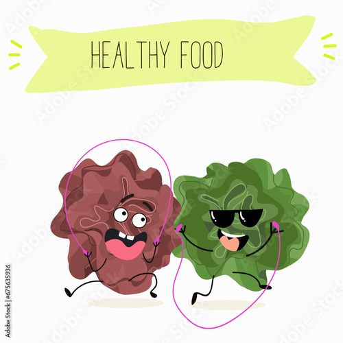 Character cartoon Salad of green and red trocadero lettuce, lactuca sativa vector illustration, funny greens, cheerful vegetables.
