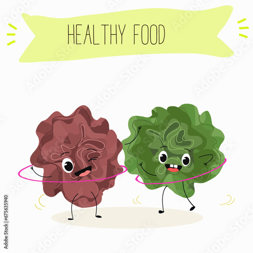 Character cartoon Salad of green and red trocadero lettuce, lactuca sativa vector illustration, funny greens, cheerful vegetables.