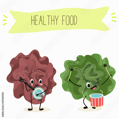 Character cartoon Salad of green and red trocadero lettuce, lactuca sativa vector illustration, funny greens, cheerful vegetables.